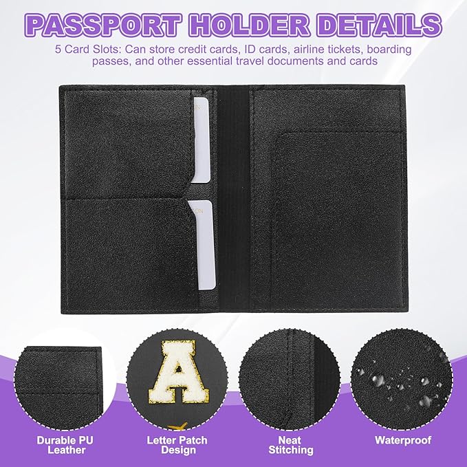 PATIKIL Passport Holder for Travel, Initial Passport Cover and Luggage Tag Set with Alphabet Chenille Letter Patch Travel Wallet Bag Suitcase Identifier for Women Family Travel Black A