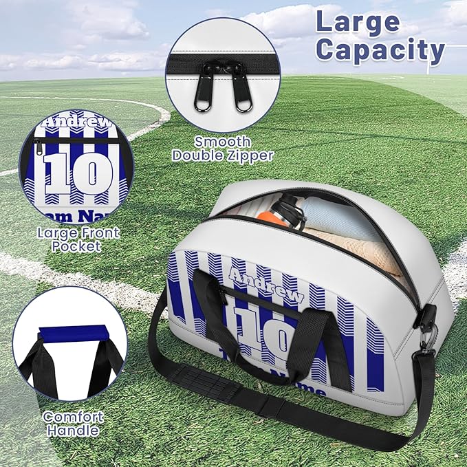 Basketball Soccer Gifts for Boys Girls - Custom Sports Duffle Bag, Personalized Name & Team Bag, Water-Resistant Gym Bag for Basketball, Soccer, Volleyball | Y-Navy White