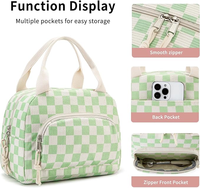 Lunch Bag Women Lunch Box for Women Adult Cute Insulated Lunch Bag Small Cooler Lunch Tote Bags for Work Picnic School (Beige-Light Green Plaid)