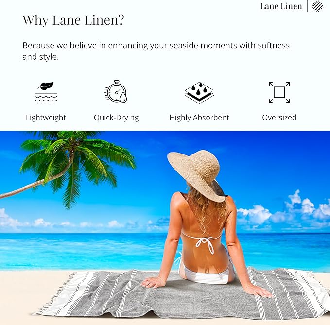 LANE LINEN Beach Towel, Oversized Beach Towel 39"x71", Lightweight Beach Essentials for Women, Large Pool Towel, Absorbent & Quick Dry, Sand Free Beach Towel - Ebony