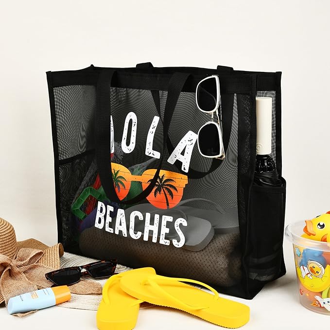 30L Large Beach Bag with Pouch Foldable Sandproof Lightweight Mesh Tote Bag with Two Pockets for Swimming Travel