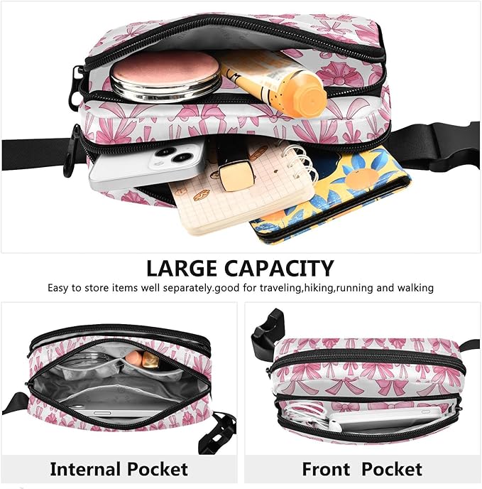 Cute Pink Bows Fanny Pack for Women Men Water Resistant Fashion Waist Packs with Adjustable Strap Belt Bag for Travel Workout Jogging Hiking 21220633