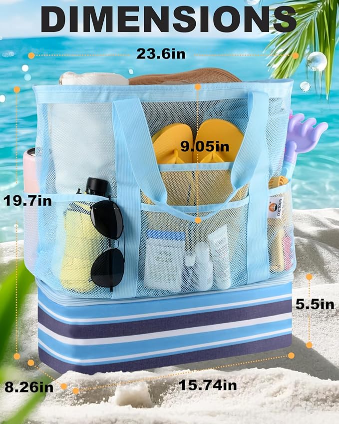Beach Bag with Cooler, Mesh Beach Bag for Women Cruise Pool, Packable Waterproof Sandproof Travel Tote Bag with 8 Pockets