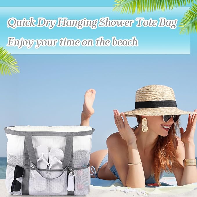 Hillban Large Beach Mesh Bags Bulk for Women Beach Tote Bag with 8 Pocket Zipper Waterproof Sandproof for Pool Cruise Ship