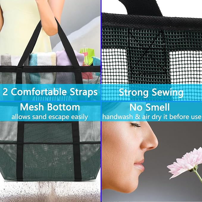 Mesh Beach Bag, Large Beach Tote with Zipper Pocket, Toys Pool Bag for Family Travel Vacation Cruise Essentials