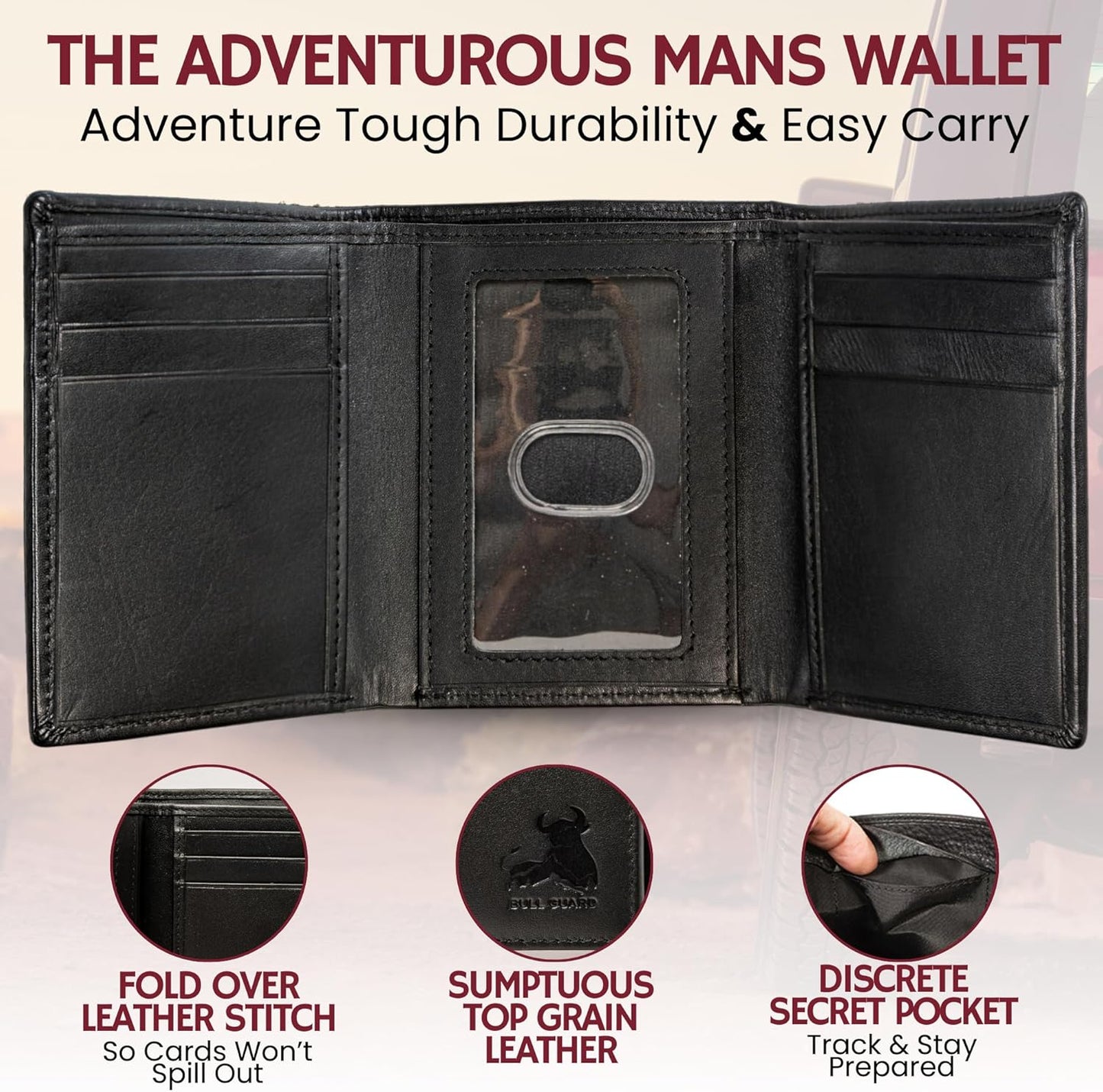 BULL GUARD Genuine Nappa Leather Trifold Wallet For Men RFID And ID Window