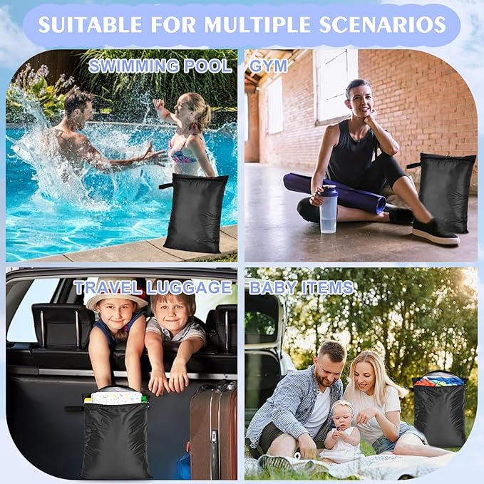 Wet Dry Bags 3 Pack,12x16 Inch Waterproof Reusable Wet Bag For Baby Diapers Swimsuit Wet Clothes Travel Beach Pool Gym,Durable Polyester Fabric,Waterproof Seal Strip Inside,Handle and Zipper,Black