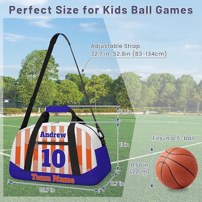 Basketball Soccer Gifts for Boys Girls - Custom Sports Duffle Bag, Personalized Name & Team Bag, Water-Resistant Gym Bag for Basketball, Soccer, Volleyball | Y-Orange Navy