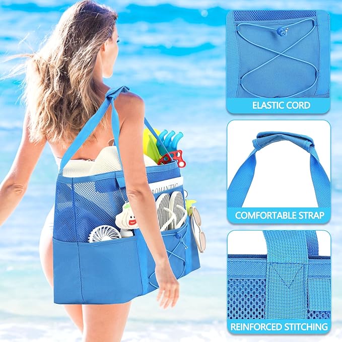 Mesh Beach Bag, Large Beach Tote with Zipper Pocket, Toys Pool Bag for Family Travel Vacation Cruise Essentials