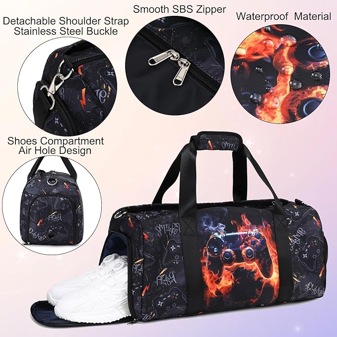 Kids Duffle Bag For Boys Overnight Travel Bag Sport Gym Bag With Shoes Compartment Dry And Wet Pocket Carry On Weekender Bag (Red Flame Game)