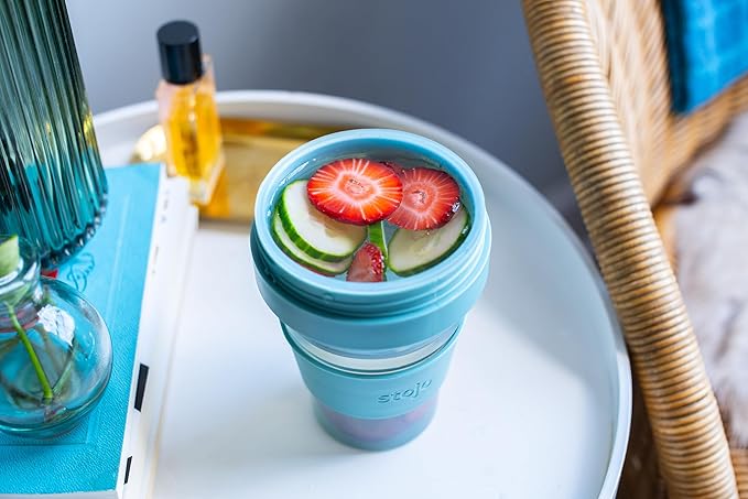 STOJO Collapsible Travel Cup - Reusable To-Go Pocket Size Silicone Bottle for Hot and Cold Drinks - Perfect for Camping - Microwave & Dishwasher Safe (Translucent Eucalyptus, 16, ounces)