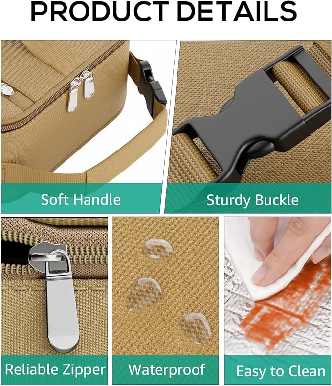 HowFly Small Lunch Bag - Insulated Lunch Box Bag for Women Men - Portable Thermal Reusable Meal Cooler Bags with Buckle Handle for Work School - Khaki
