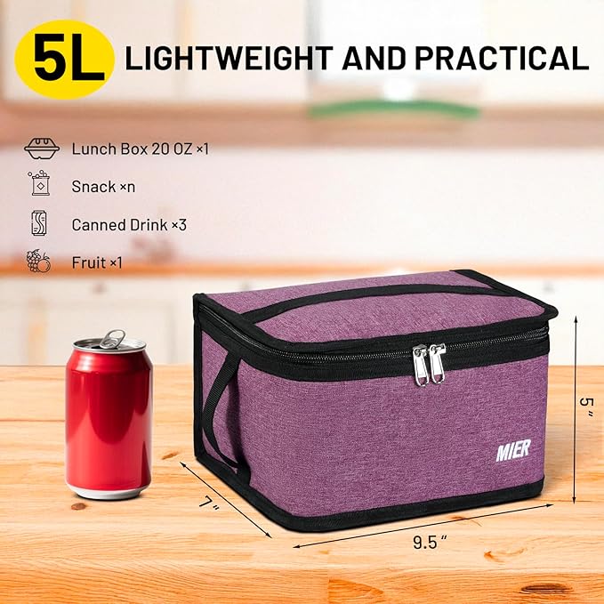 MIER Insulated Lunch Box for Men Women Kids Portable Small Lunch Bag 9 CAN Compact Thermal Mini Cooler for School Work Picnic, Purple