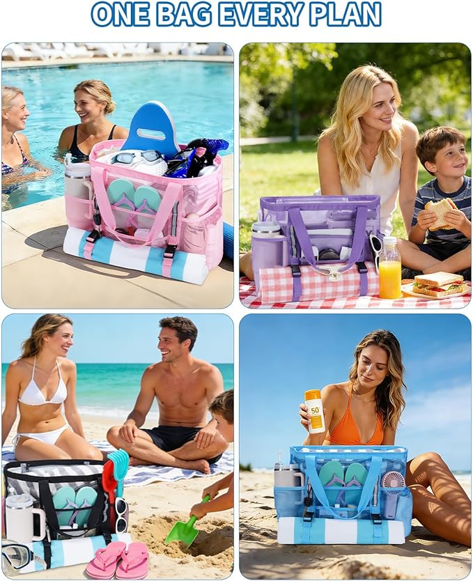 WANDF Mesh Beach Bag for Women, Large Beach Tote Bags with 40oz Tumbler Side Pockets, Family Pool Bag for Swim Toys Towels Cruise Vacation Essentials (Pink) | Breathable