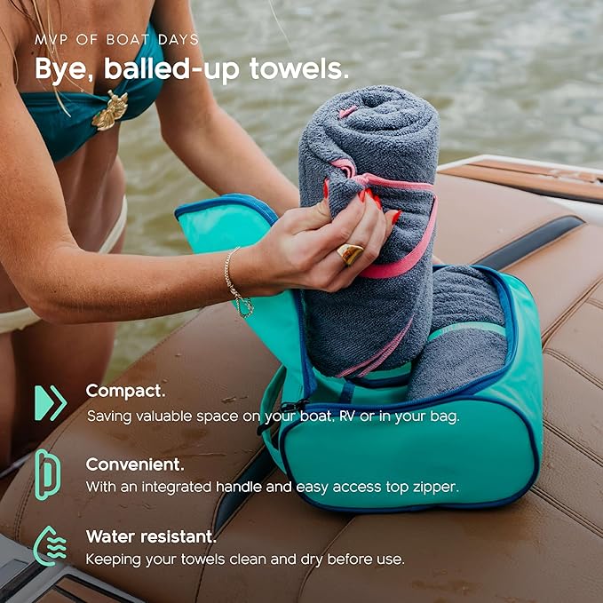 MISSION Tuko Microfiber Beach Towel Set with Water-Resistant Carrying Case for Boating and Swimming (Teal Bag Holder, 60L x 30W, Set of 2)