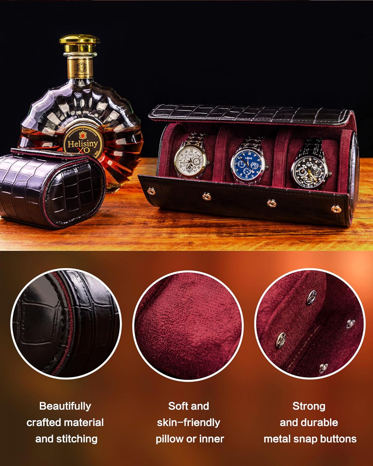 MR.OKAY 3 Watch Travel Case-Classic Leather Watch Case With Superb Texture. (Portable Watch Roll Or Organizer For Storage And Display).Festival Gift For Men, All Handcrafted By Artisans.