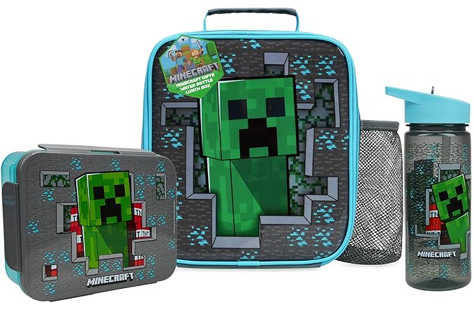 Get Trend Minecraft Lunch Bag, Lunch Box, Water Bottle for Kids 3 Piece Set Bento Box, Insulated Snack Container, Creeper Gifts for Kids (Multi Minecraft)