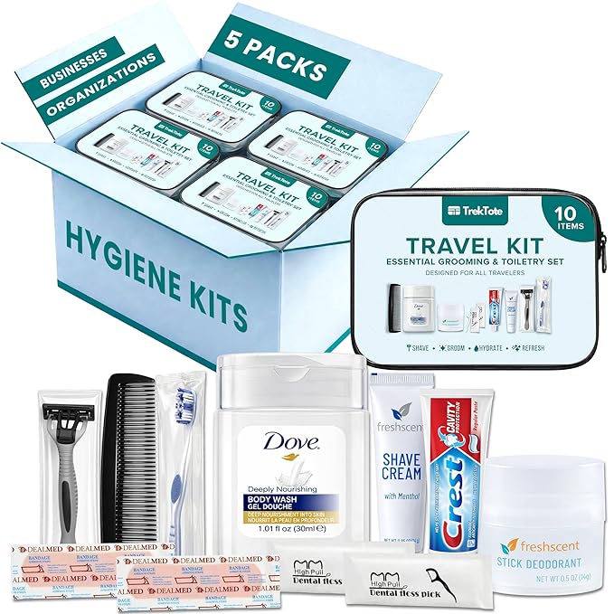 Trektote 10 Piece Travel Hygiene Kit with Toiletries & Dental Essentials, TSA-Compliant, Clear Cosmetic Bag, Single or Bulk Packs