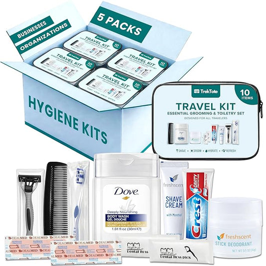 Trektote 10 Piece Travel Hygiene Kit with Toiletries & Dental Essentials, TSA-Compliant, Clear Cosmetic Bag, Single or Bulk Packs
