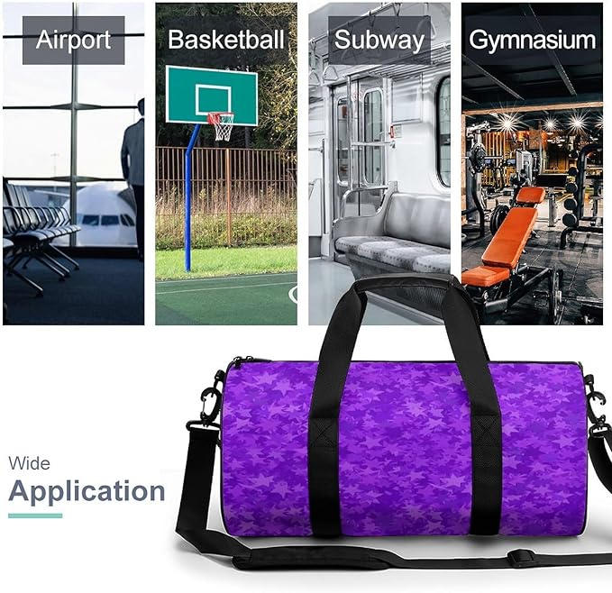 Unisex Foldable Gym Bag Purple Foil Stars Lightweight Travel Sports Bag Workout Yoga Dance Bags Overnight Weekender Bags