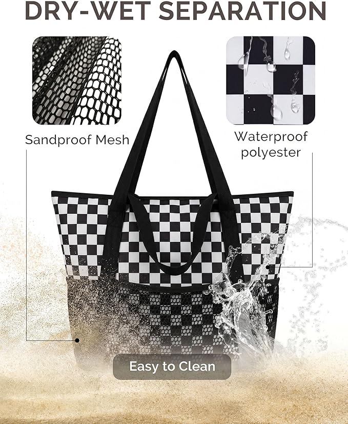 HOMESPON Beach Bag Large Waterproof Sandproof Tote for Women with Zipper and Mesh Pockets