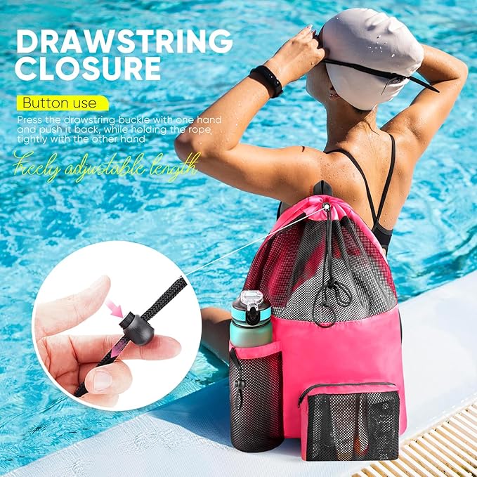 Swim Mesh Beach Bag, Waterproof Gym Bags for Women and Men, Large Pool Bag Swimming Gear Drawstring Backpack