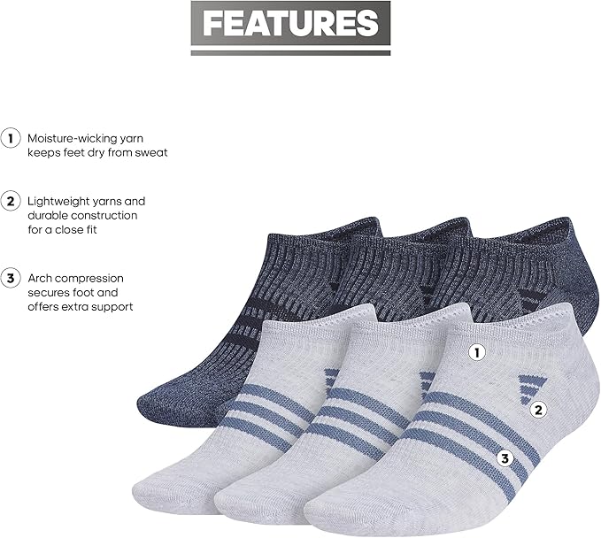 adidas Men's Superlite No Show Socks (6 Pairs) Lightweight & Breathable