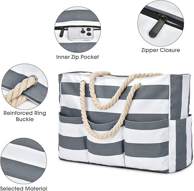 Becokan Beach Bags for Women Canvas Large Beach Tote Bag Zipper Waterproof Sandproof Foldable Swim Pool Bag with 7 Pockets