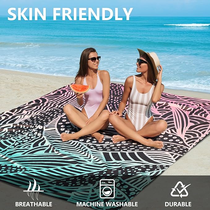 Beach Blanket Waterproof Sandproof Beach Mat for 1-8 Adults Quick Drying Durable Outdoor Picnic Mat for Beach Festival Travel Camping Hiking (Gradiant BK-Ripple, 79"×83"(4 Person))