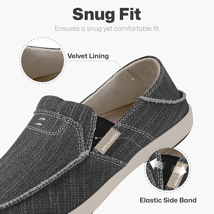 Mens Slip On Shoes, Canvas Mens Loafers with Arch Support, Orthopedic Mens Boat Shoes for Plantar Fasciitis, Indoor & Outdoor Walking Slippers Shoes for Pain Relief