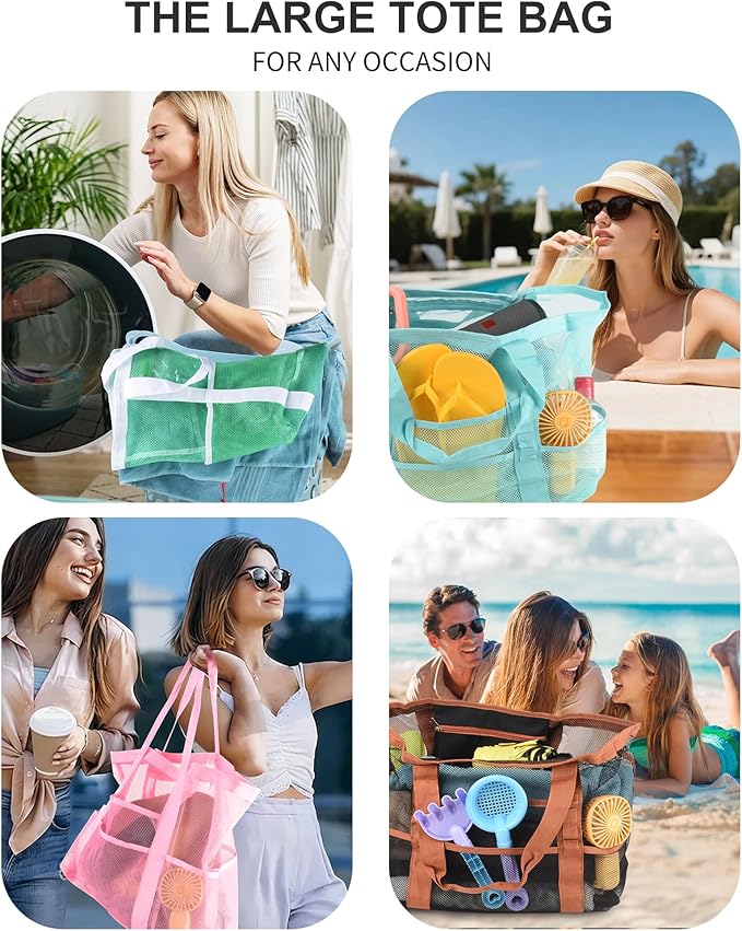 Genteen 40L Mesh Beach Bag, Foldable Sandproof Tote with Waterproof Pocket Quick Dry for Women Family Pool Vacation（White