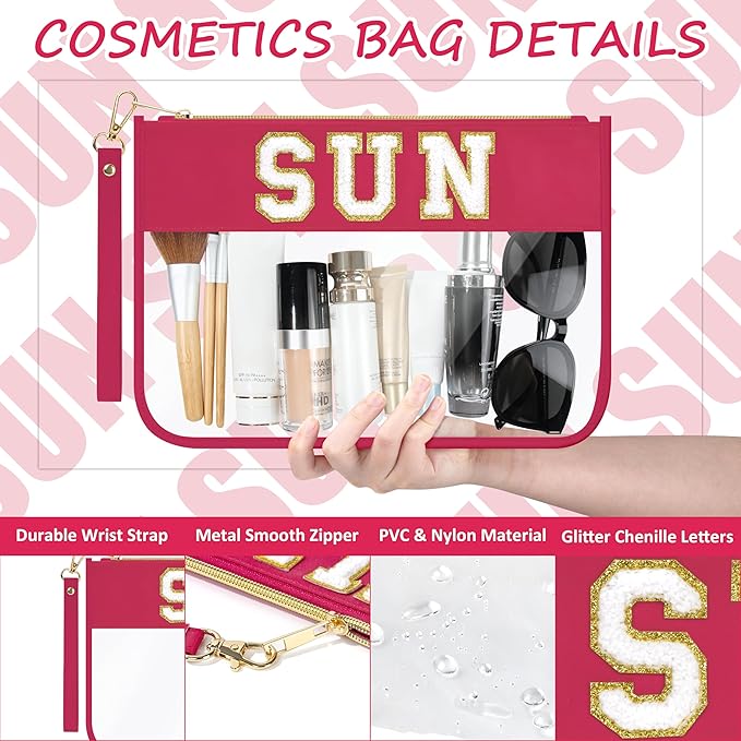 Preppy Patch Sun Cosmetic Bag Summer Sunscreen Toiletry Bag Portable PVC & Nylon Waterproof Makeup Bag Daily Use Storage Purse Travel Swimming Beach Bag for Women Girls