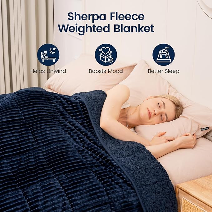 Sherpa Fleece Adult Weighted Blanket with Ribbed Stripes, 15 Pounds Dual Sided Soft Plush Blanket for Couch Bed Sofa, Heavy Thick Blankets with Glass Beads Great for Sleep, Navy Blue, 48" x 72"