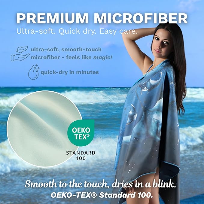 Umade Microfiber Quick Dry Towel, 59" x 29.5" - Compact Lightweight Travel/Backpack/Camping/Yoga Towels with Hanging Loop & Elastic Strap, Manta Rays Design (Deep Blue)