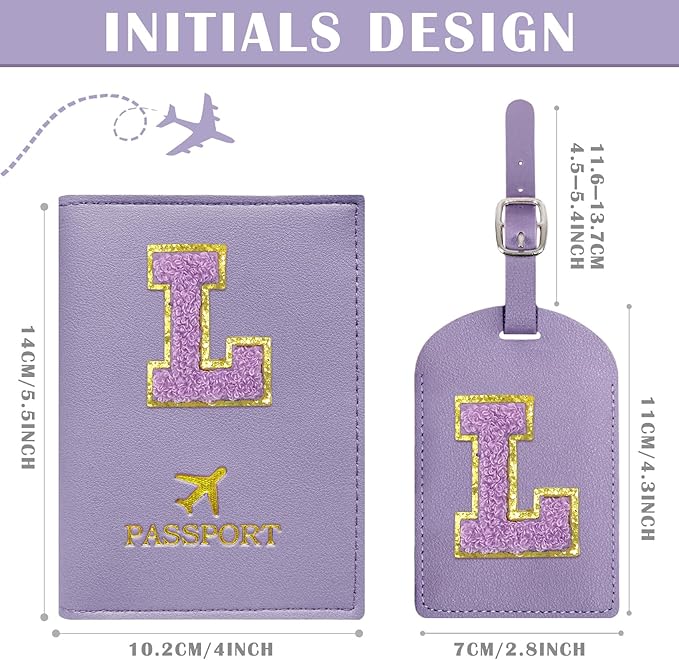 COSHAYSOO Initial Passport Cover Luggage Tag Set Letter Passport Holder Airplane Cruise Travel Essentials Vacation Traveling Accessories Personalized Gifts for Women Teen College Girls Purple L