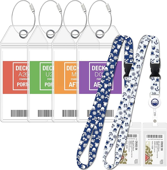 Carnival Cruise Luggage Tag Holders (4 Pack) & Lanyards (2 Pack), Large, Clear & Waterproof, Cruise Essentials 2026-2027 for Ship Cards & Baggage – Durable Travel Accessories (Blue and White)