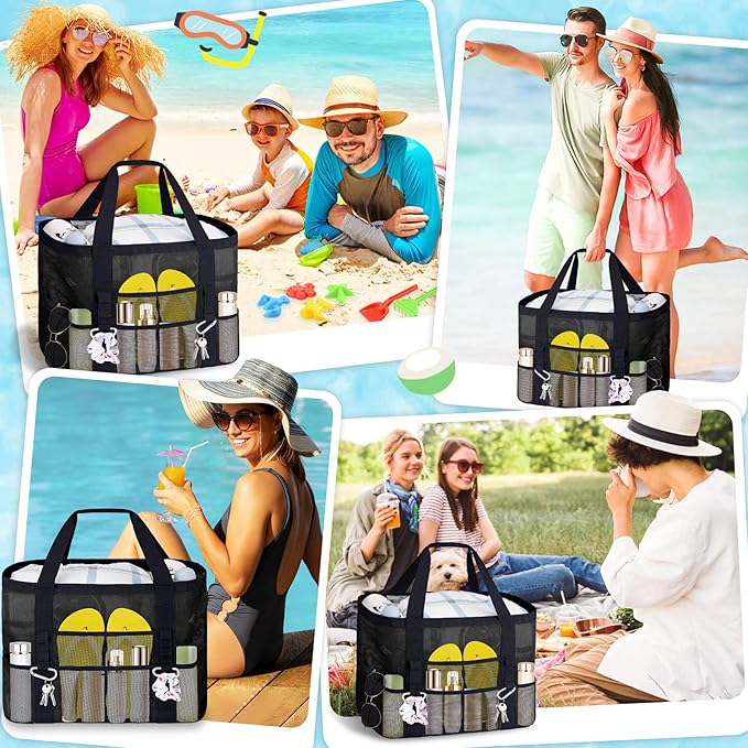 XX-Large Mesh Beach Bag Tote - 9 Pockets for Family Travel/Vacation & Beach Essentials, Foldable & Lightwiht