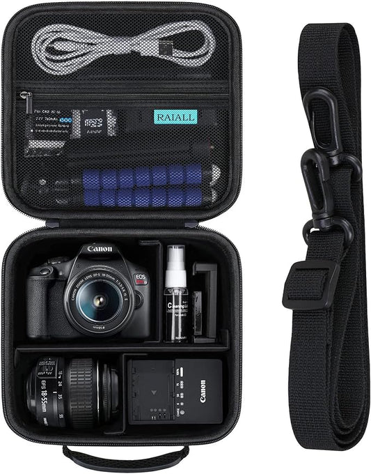 RAIALL Camera Case for Canon EOS Rebel T7/ R50/ R50V/ R100/ R5/ R6 Mark II/ R7/ R8/ R10/RP/T6/ Sony/Nikon D7500 Camera, Hard Carrying Case Protective Travel Bag Fits Lens, Tripod, Batteries, Black