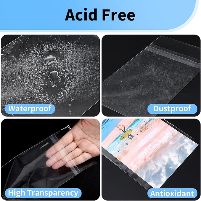 100 Pack 4x6 Photo Sleeves - Acid Free 1.57 mil (Single Side) Thick Heavy Duty Clear Plastic Bags Self Adhesive Crystal Clear Plastic Sleeves for Paper Cardstock Photo Prints 4x6