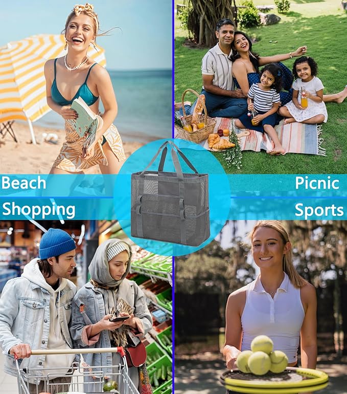 Mesh Beach Bag, Large Beach Tote with Zipper Pocket, Toys Pool Bag for Family Travel Vacation Cruise Essentials