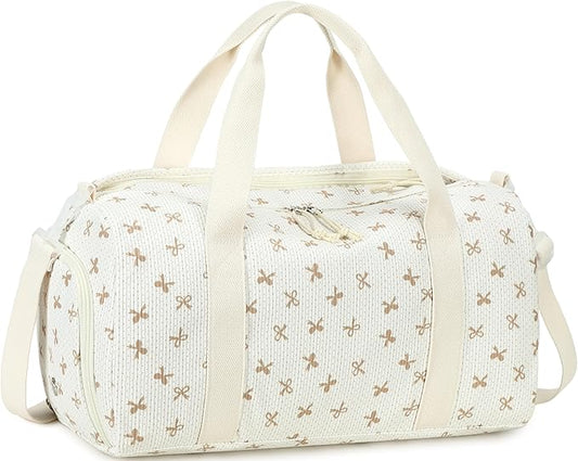 Gym Bag Sports Duffle Bag with Wet Pocket Weekender Overnight Bags with Waterproof Shoe Pouch and Air Hole for Girls Kids Women Workout Travel Bags (Brown Bow - Beige)