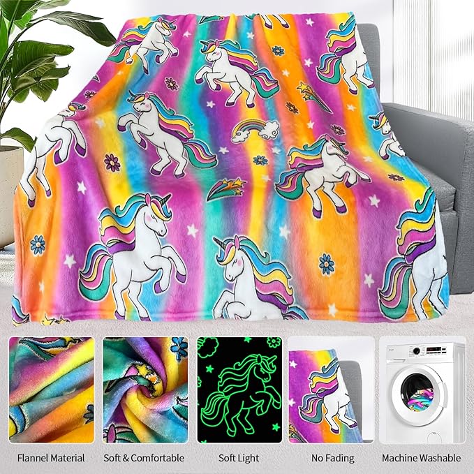 Unicorn Glow in The Dark Blankets for Girls, Kids Blankets for Baby/Toddler, Unicorns Gifts for Girls Age 1-12, Soft Fleece Blanket 50"x 60"