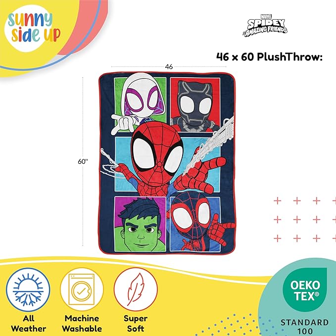 Sunny Side Up Marvel Spidey & His Amazing Friends Plush Throw Blanket - Measures 46 x 60 Inches - Super Soft & Cozy Fleece Kids Bedding Features Miles Morales & Ghost Spider Gwen