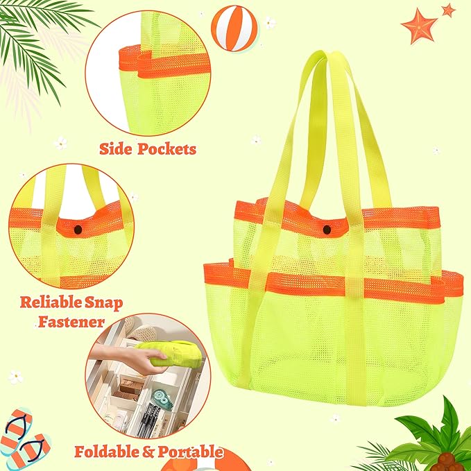 Mesh Beach Bag, Foldable Waterproof Sandproof Beach Storage Tote with 6 Pockets, Swim Tropical Vacation Pool Essential