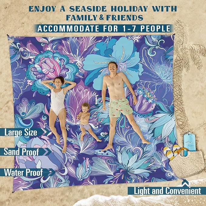 Beach Blanket Sandproof Waterproof 78''×110'' 1-7Adults Oversized,Compact Lightweight Durable Beach Mat for Travel Camping Hiking Picnic Blanket