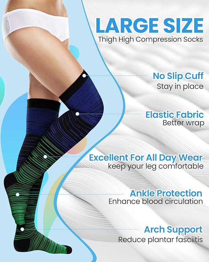 6 Pcs Large Size Thigh Compression Socks for Women Men 20-30 Mmhg Circulation Wide Calf Knee Support Stocking for Nurse, Running, Travel