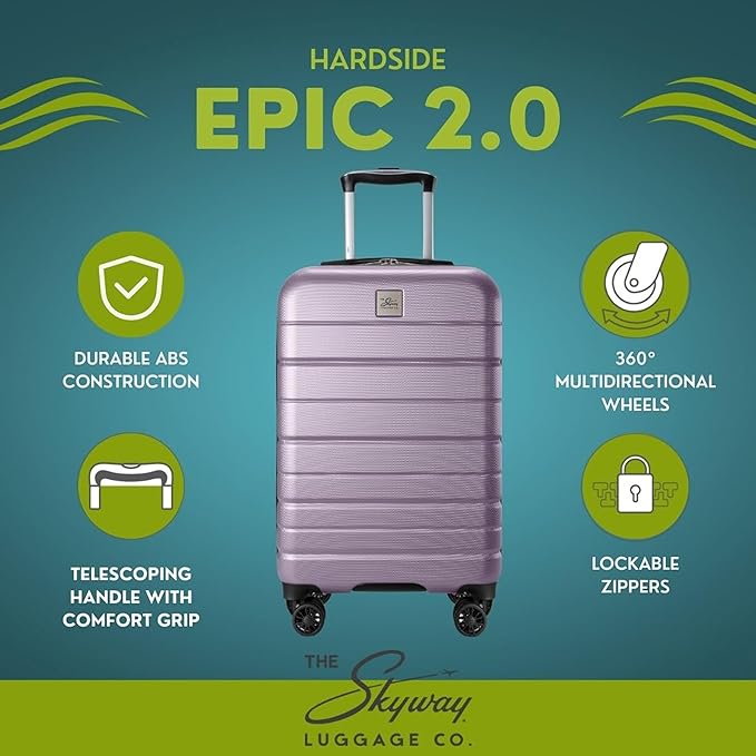 Skyway Epic 2.0 Hardside Lightweight and Durable ABS Shell Luggage, Spacious with 8-Wheel Spinners, Comfort Grip with Telescoping Handle, Men and Women, Silver Lilac, 2-Piece Set (20,28)