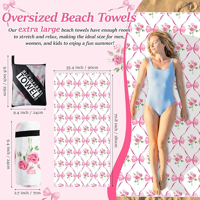 Pink Bow Oversized Beach Towel - Rose Flower Sand Free Thin Quick Dry Absorbent Lightweight Microfiber Towel Beach Accessories for Girl Women Travel Sport Swimming Pool Bath Camping Vacation Essential