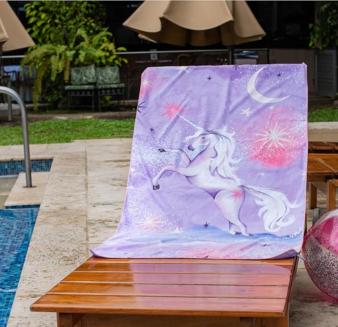 Kids Beach Towel – Quick-Dry Microfiber Pool Towel, Thin, Sand-Free, Perfect for Camping, Travel, Summer Camp, Cruise Essentials – Unicorn, Purple, 30" x 60"