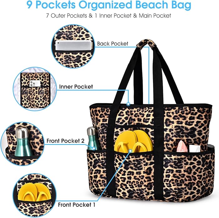 Becokan Beach Bags for Women Large Beach Tote Bag with Zipper Pockets Beach Bag Waterproof Sandproof Travel Nurse Tote Bag